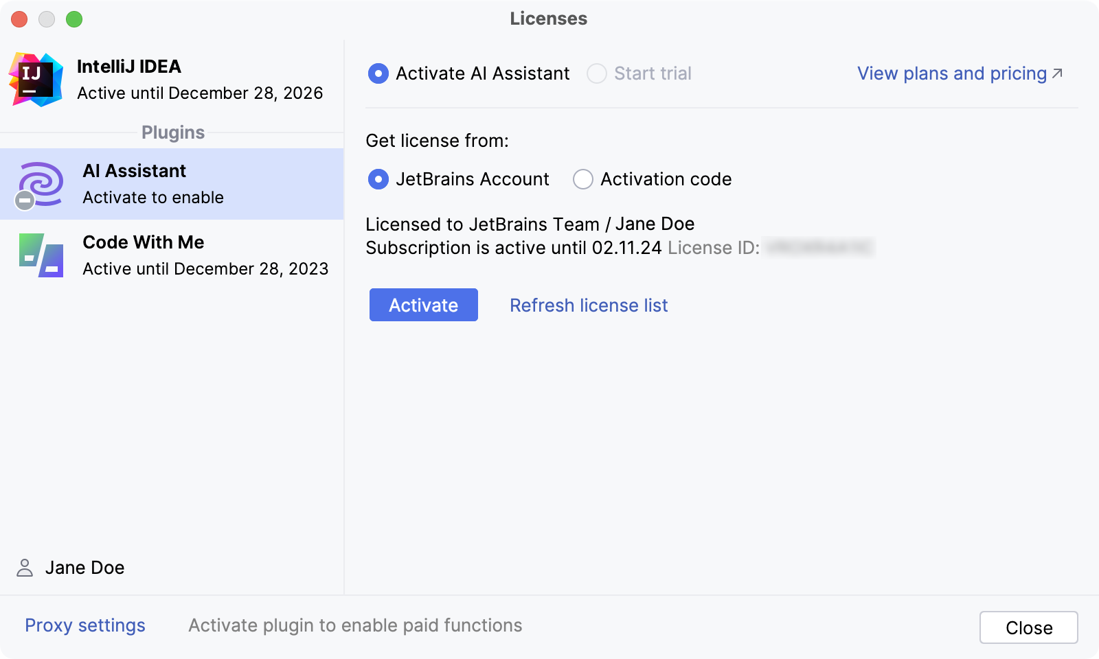 Licenses dialog with AI Assistant activation option