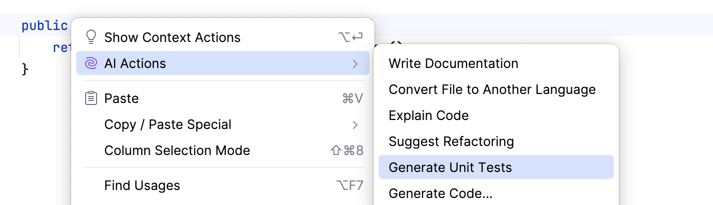 Generate Unit Tests action in context menu