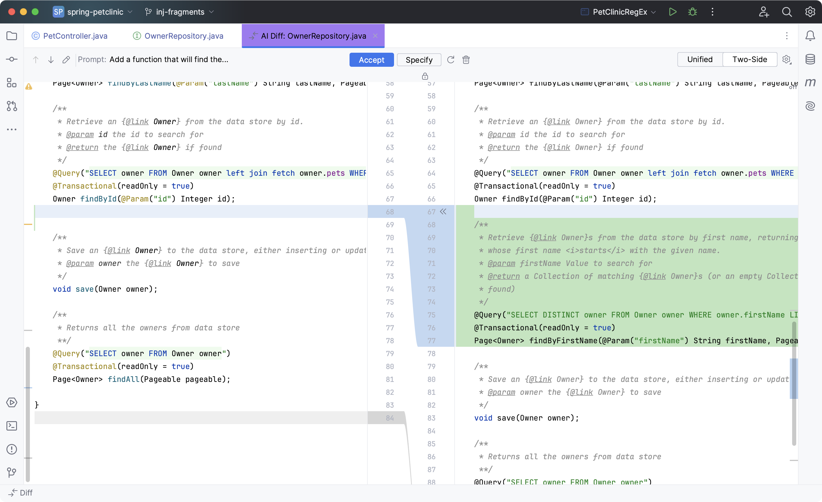 Generated code in diff tab