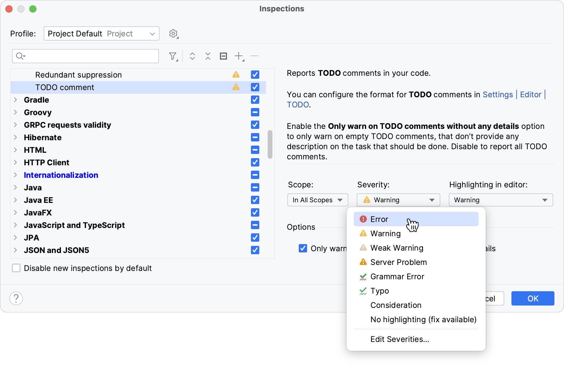 change-inspection-severity-intellij-idea-documentation