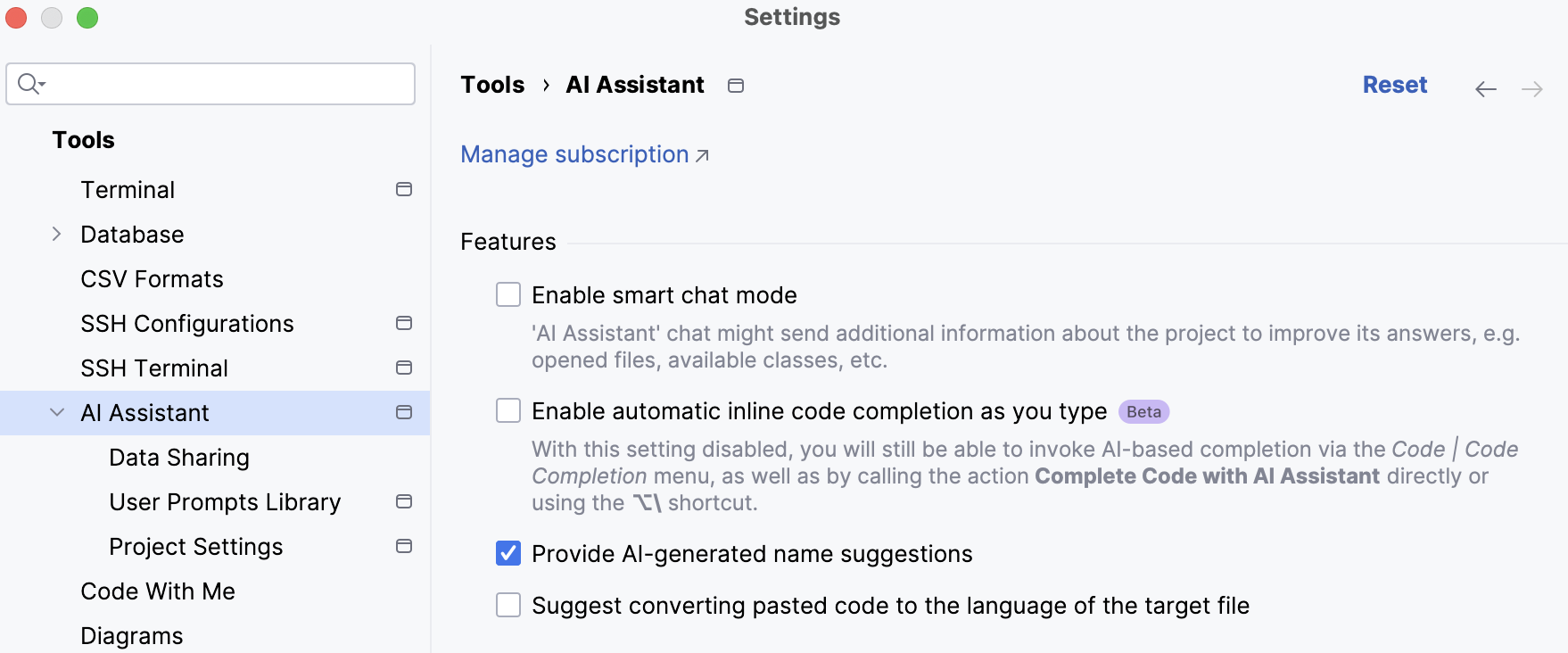 Enable name suggestion option in AI Assistant settings