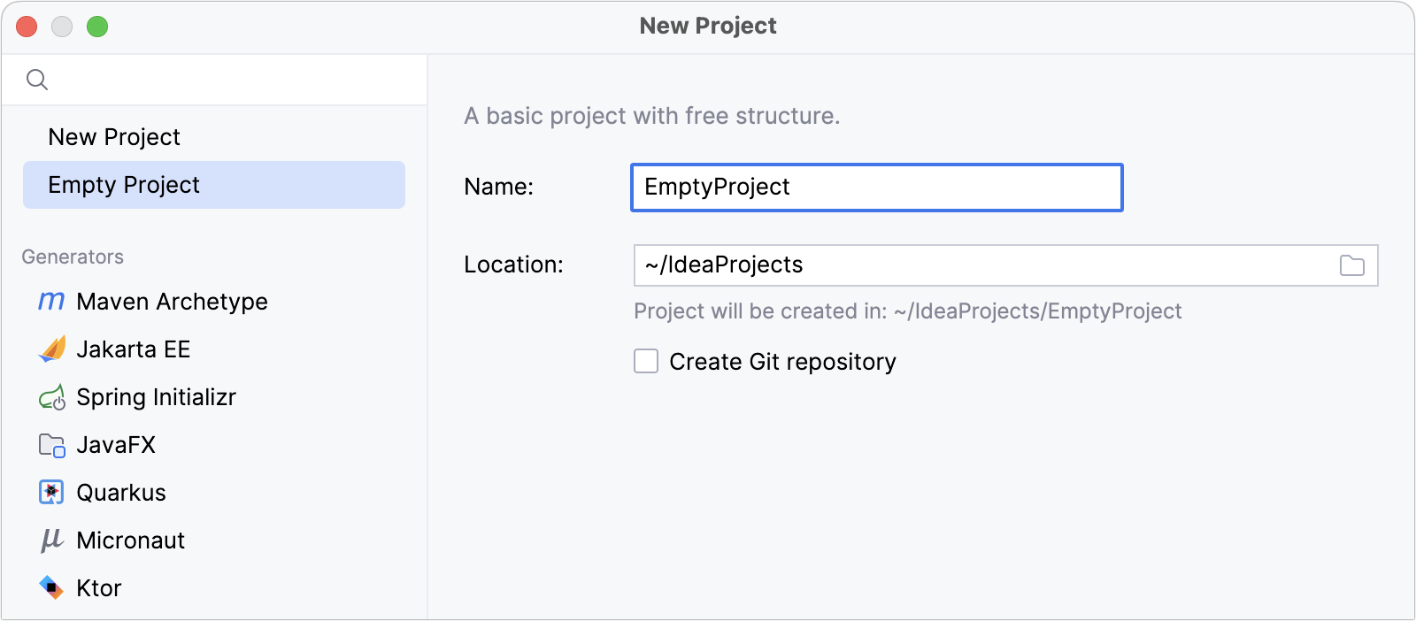 Create a new project using the Project widget