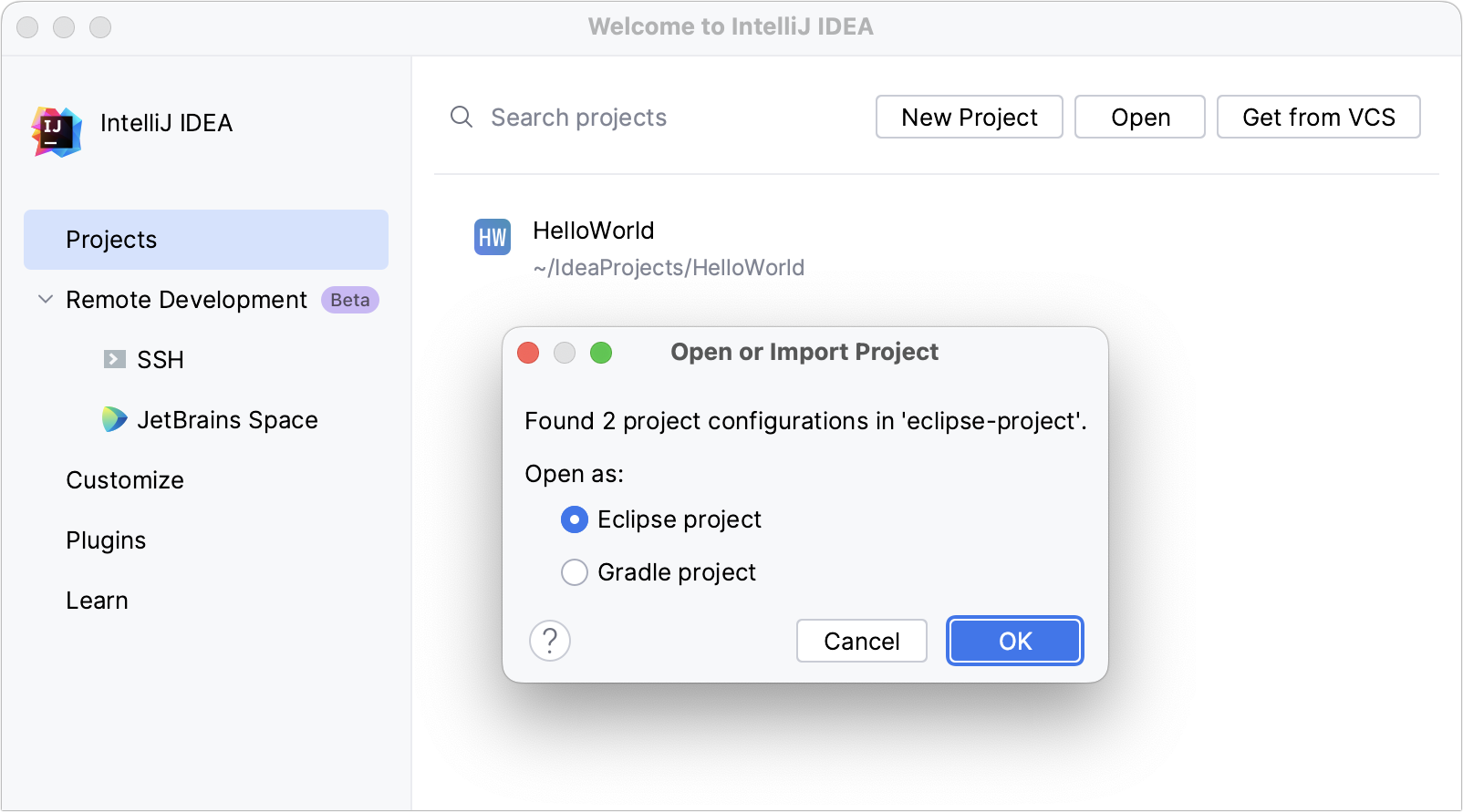 Dialog that prompts you to select how you want to import the project