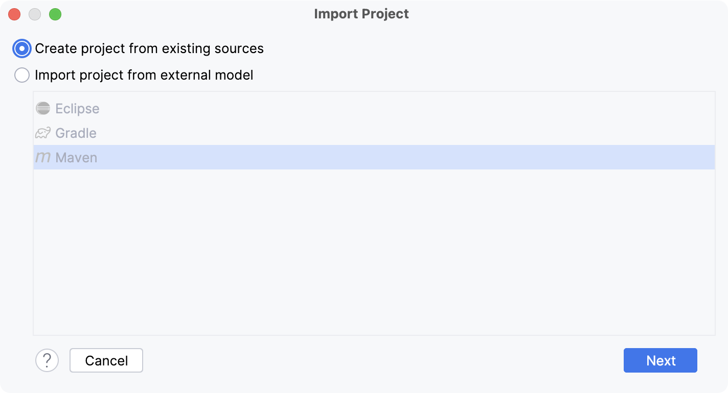 Creating a project from existing sources