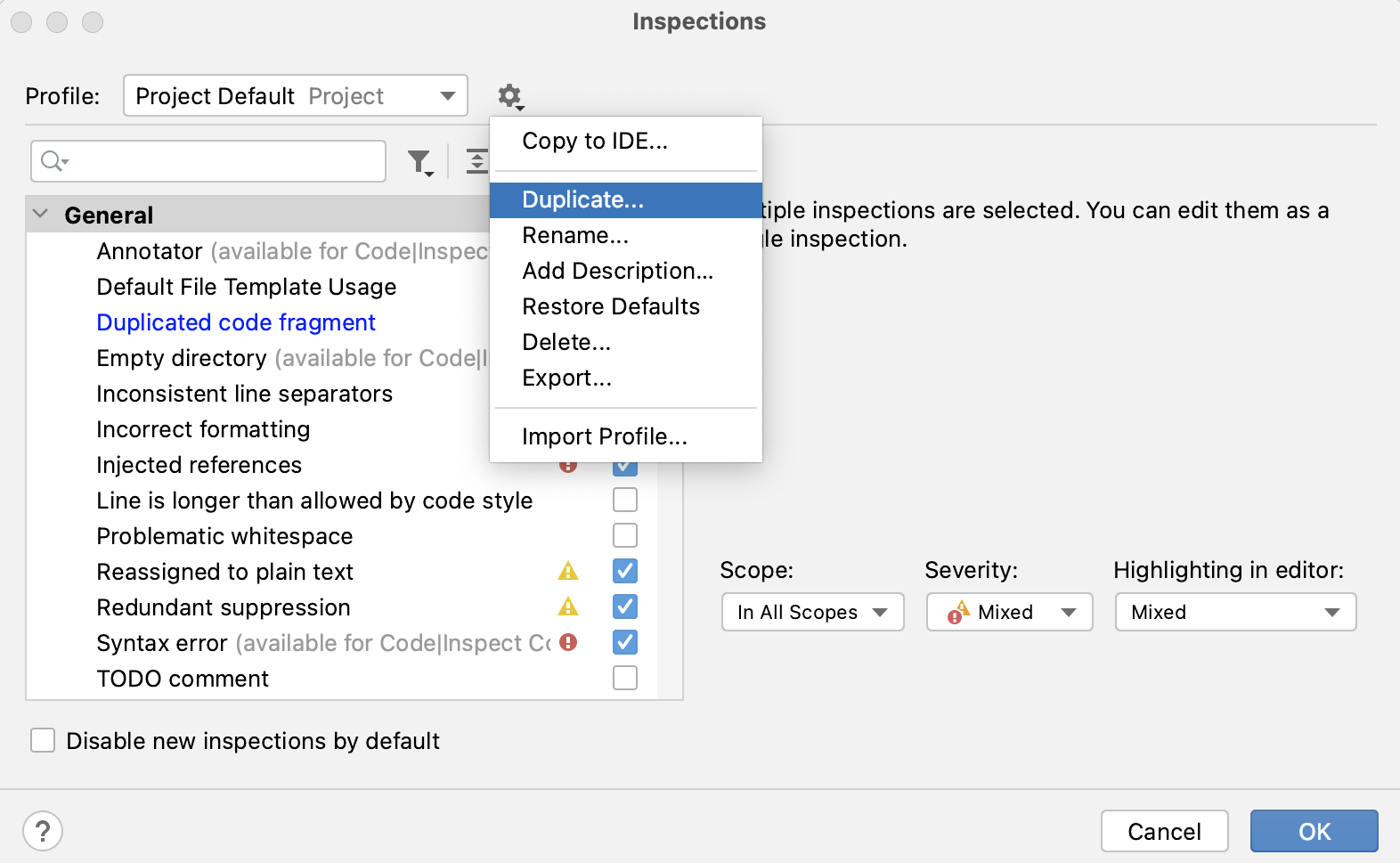 Duplicating a profile