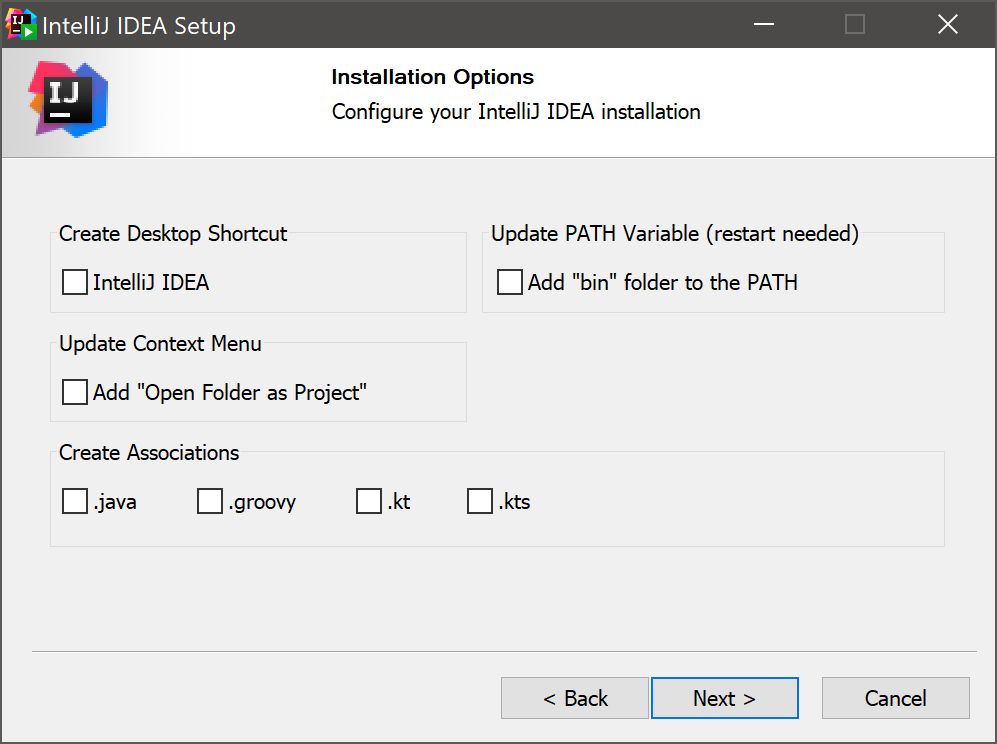 The Installation Options step of the installation wizard