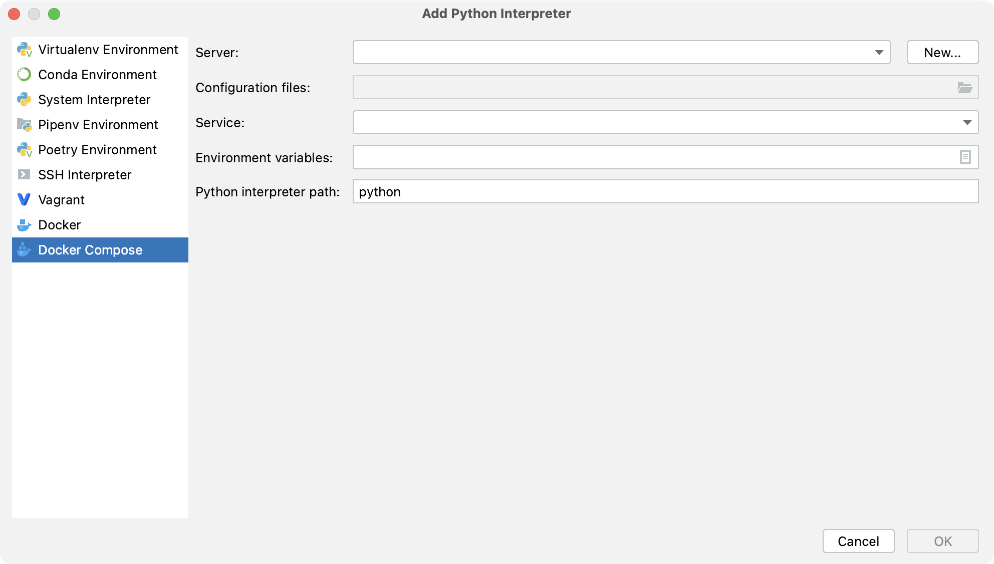Adding a Python interpreter using Docker Compose