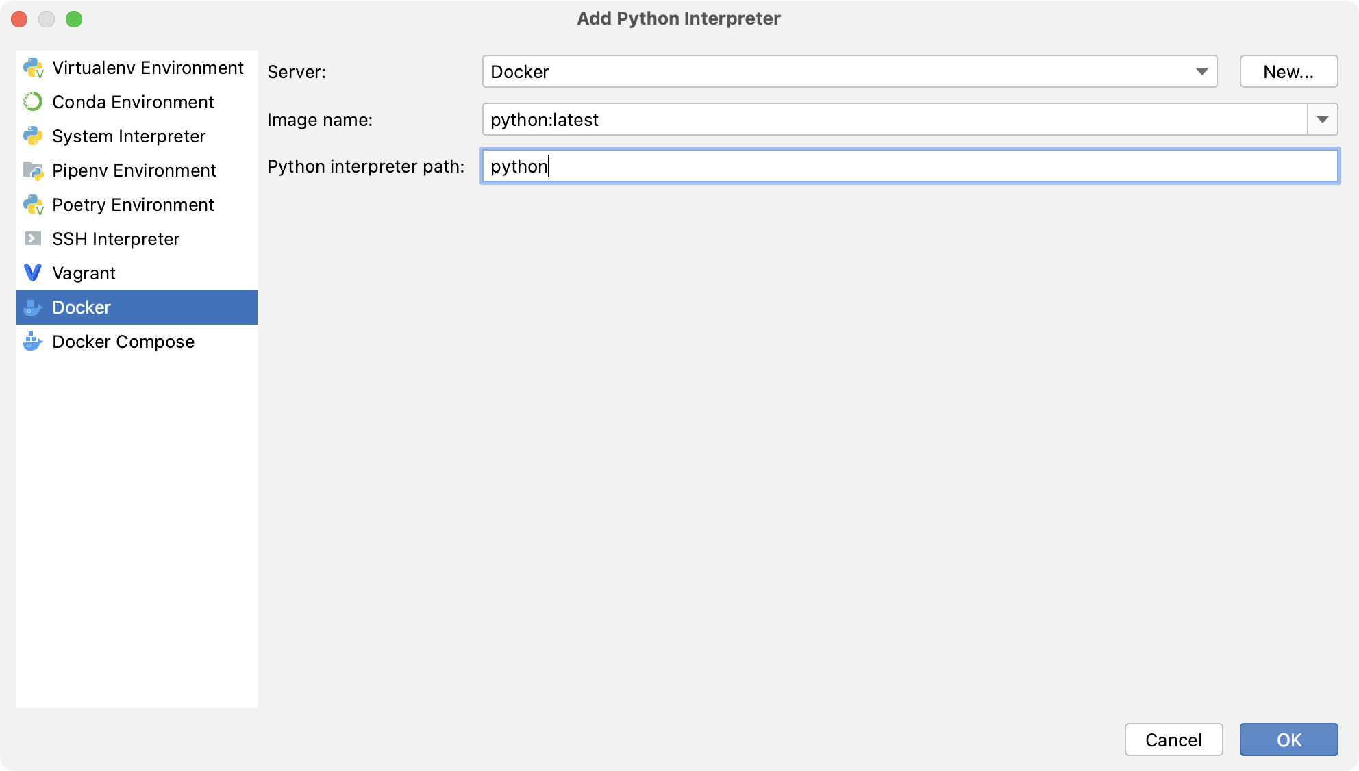 Configuring a Python interpreter using Docker