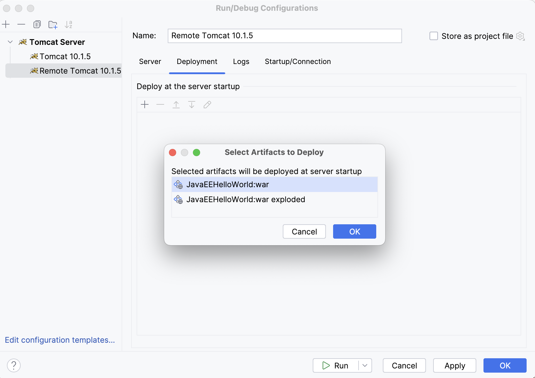 Remote Tomcat run configuration artifacts to deploy