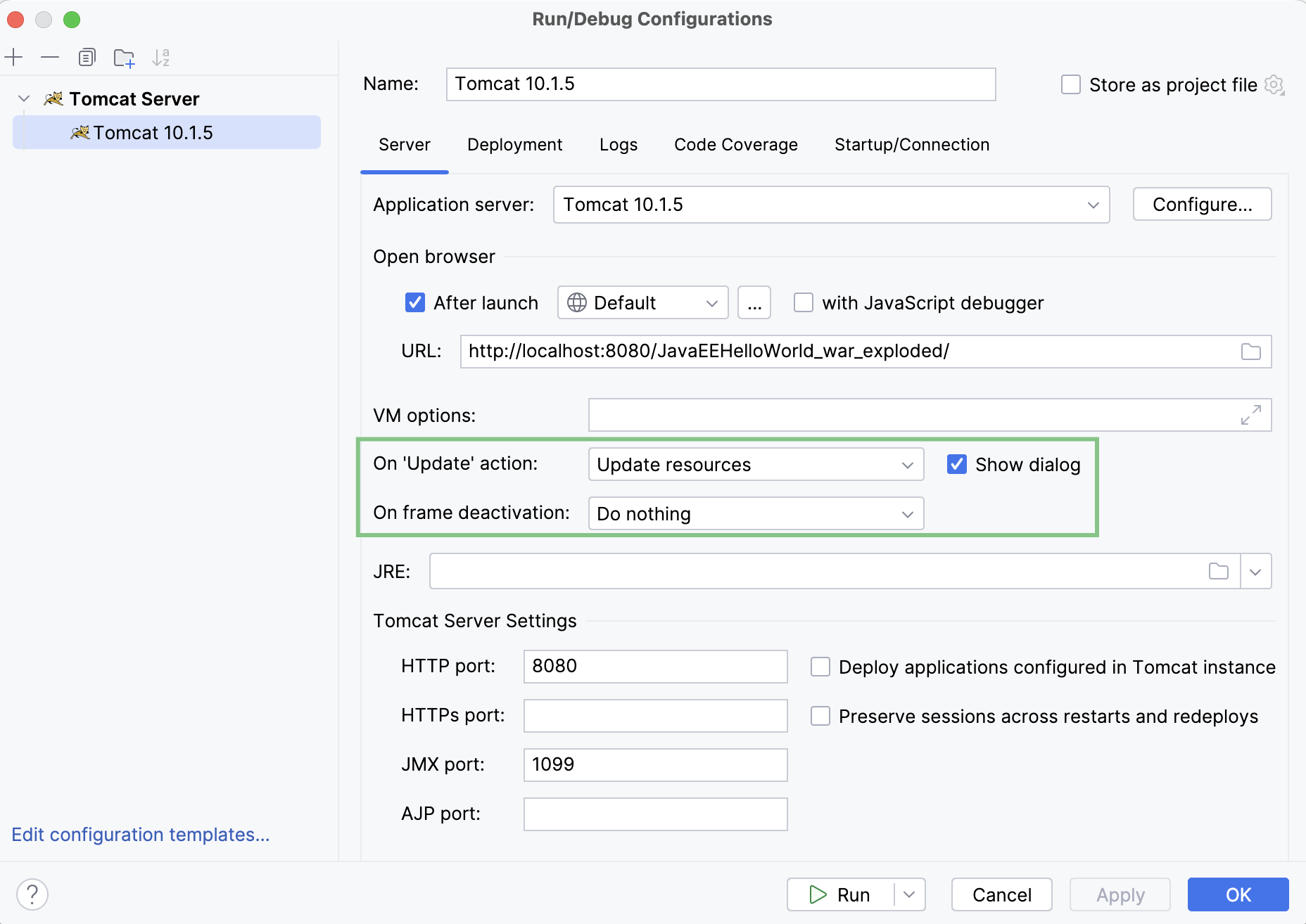 Configure application update actions in the GlassFish run configuration