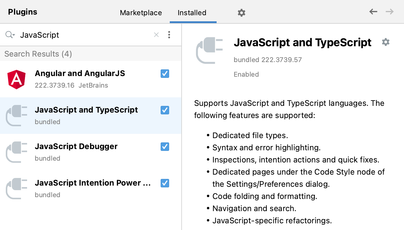 Bundled plugins: JavaScript and TypeScript, JavaScript Debugger