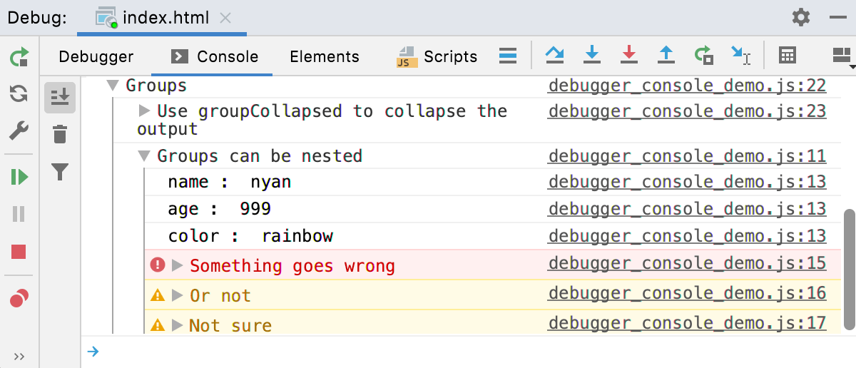 Node.js interactive debugger console: log messages grouped