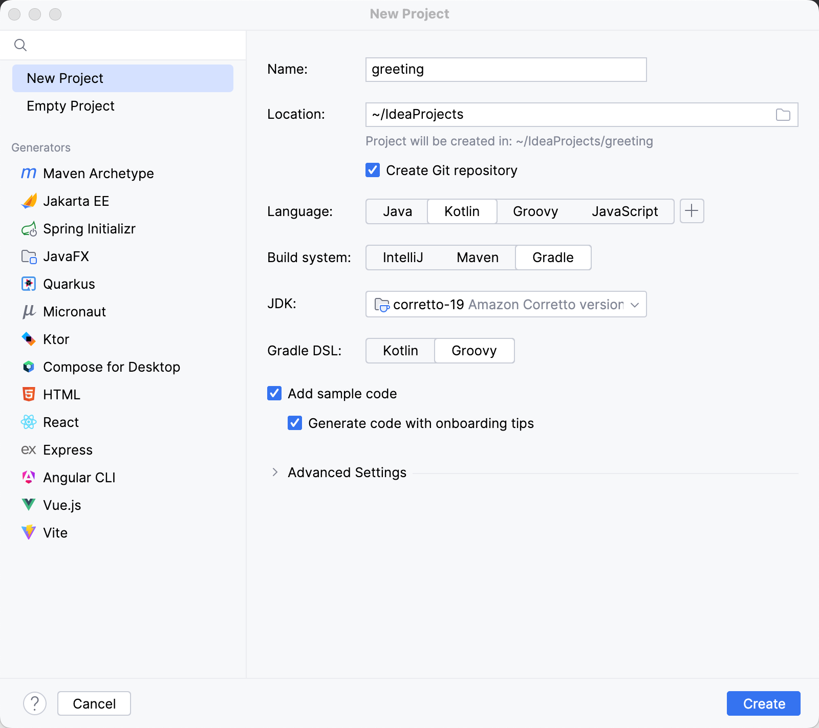 New Kotlin project with the Gradle build system with Groovy DSL