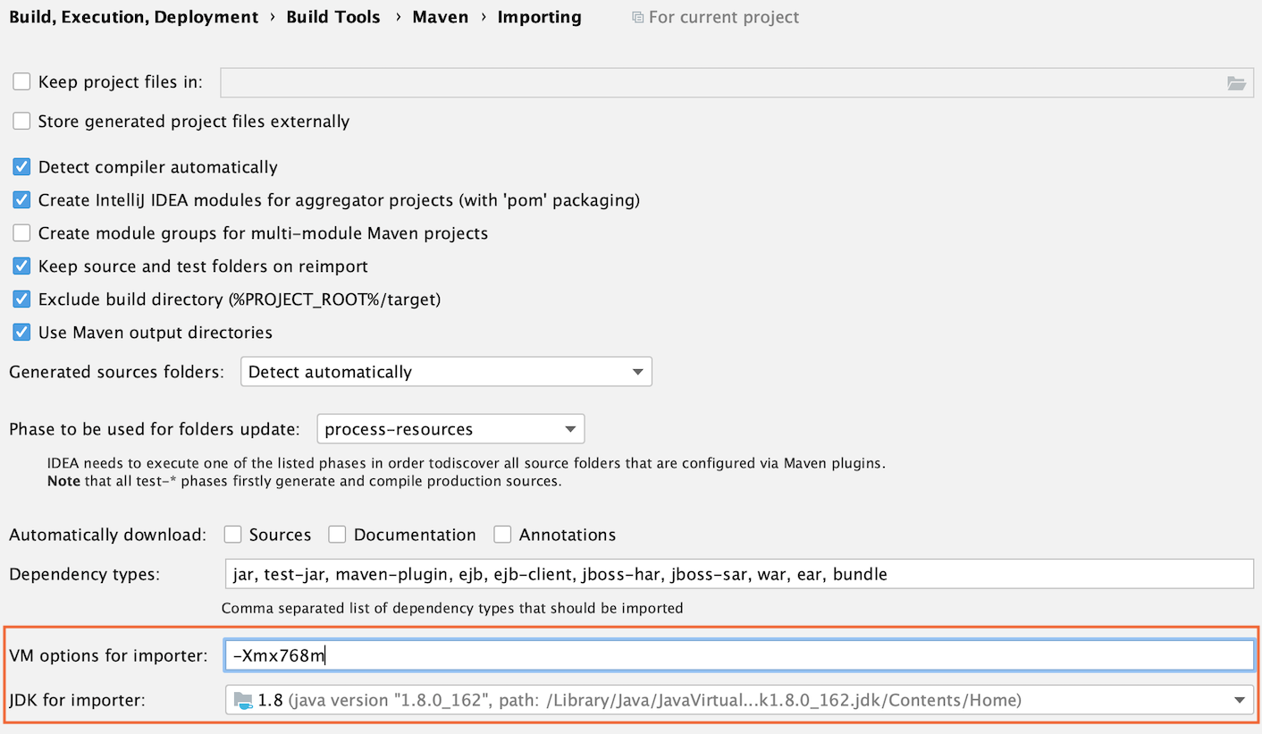 the Maven settings: VM options and JDK for importer