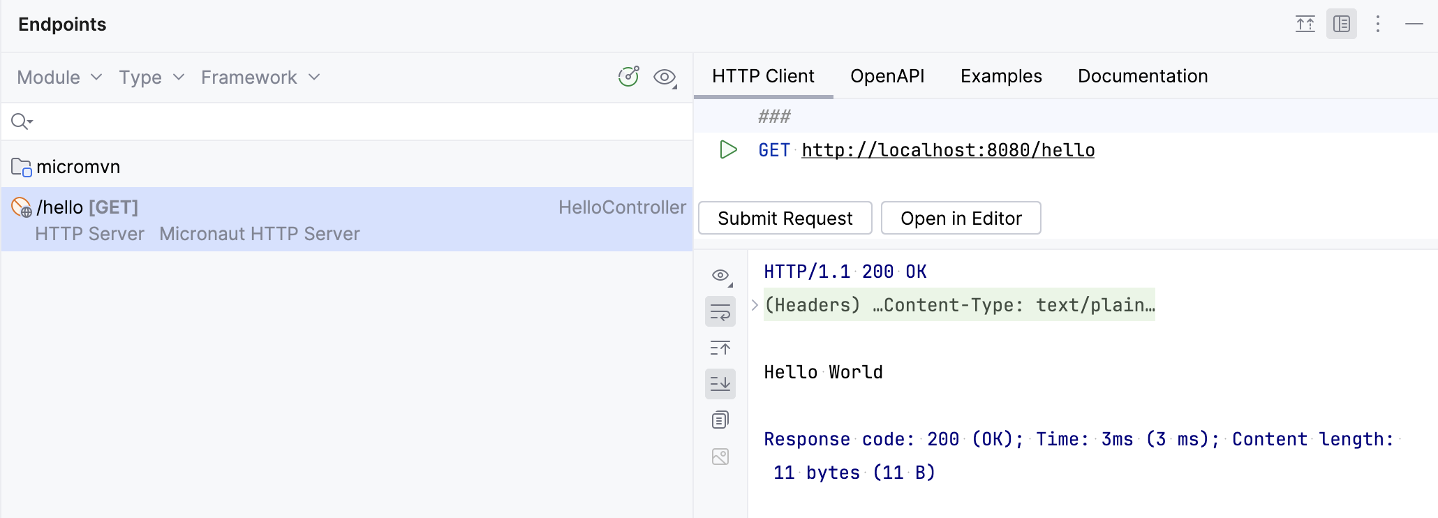 The Endpoints tool window with the sample /hello endpoint