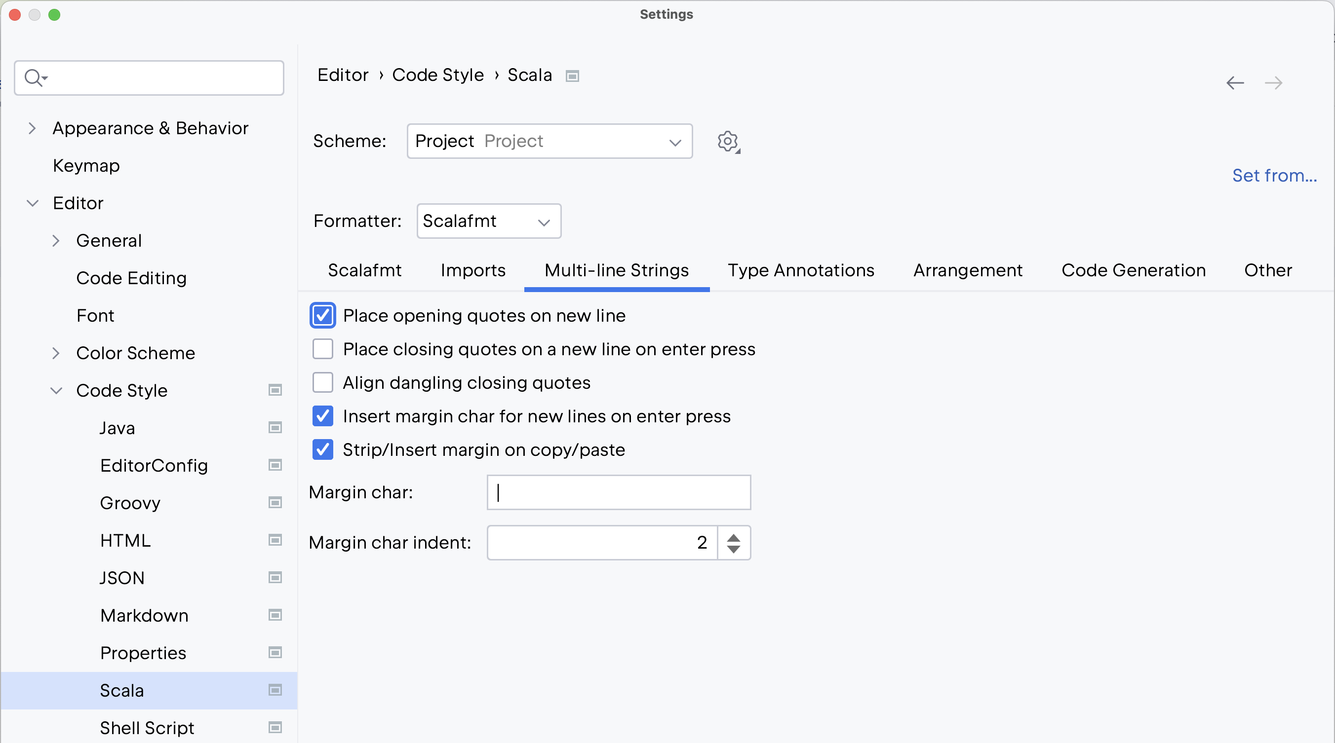 the Multi-line strings settings