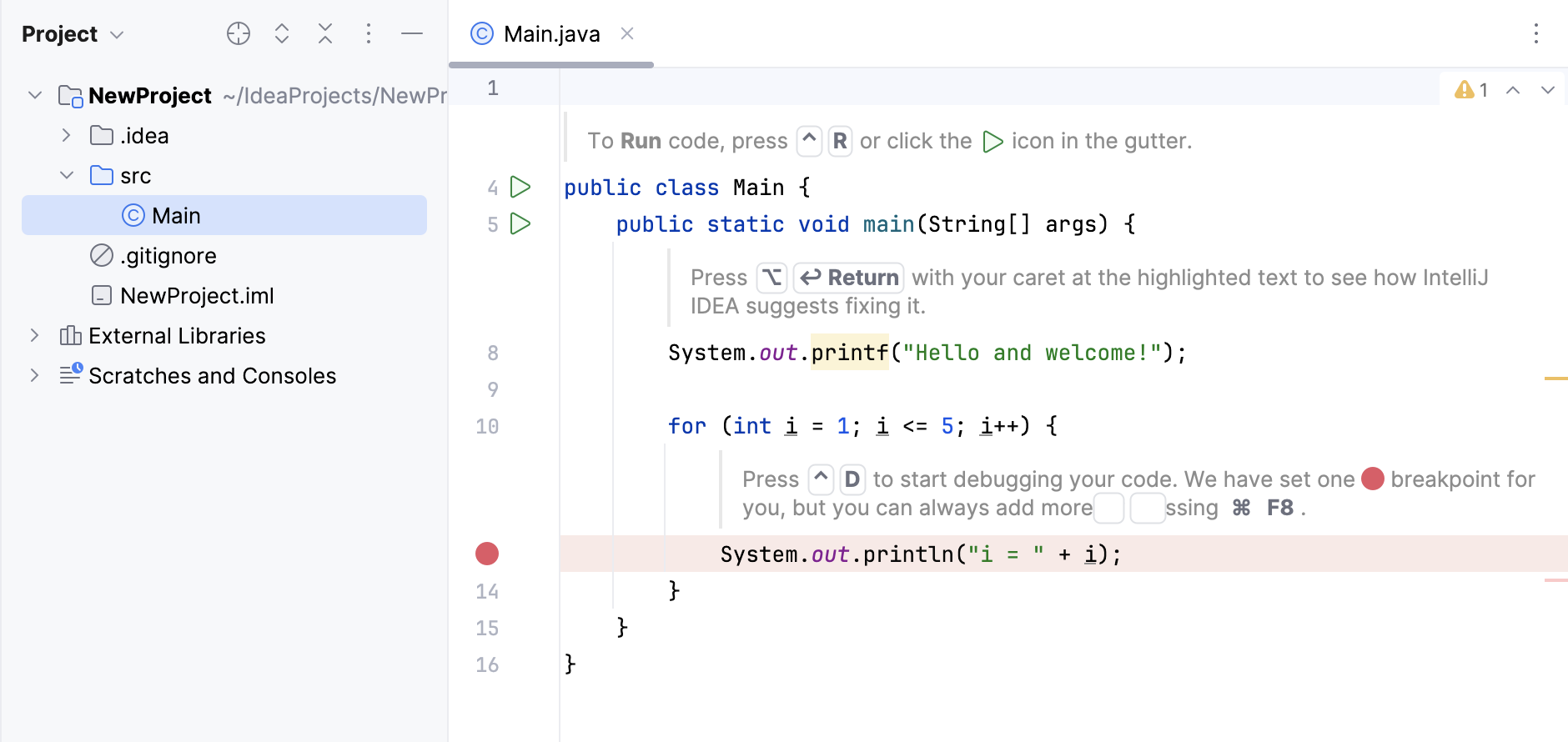 New Java project with onboarding tips in the editor