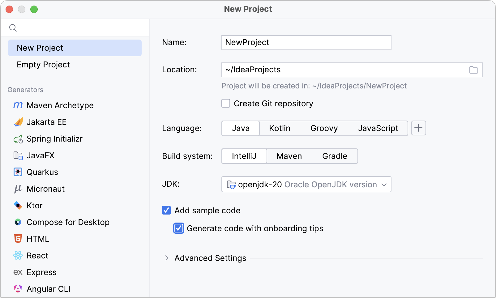 New Java project with onboarding tips in the editor