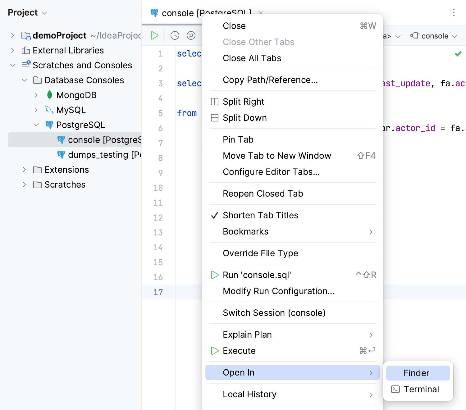 Open a console file in the file browser