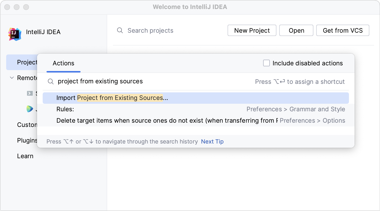 Importing a project from existing sources