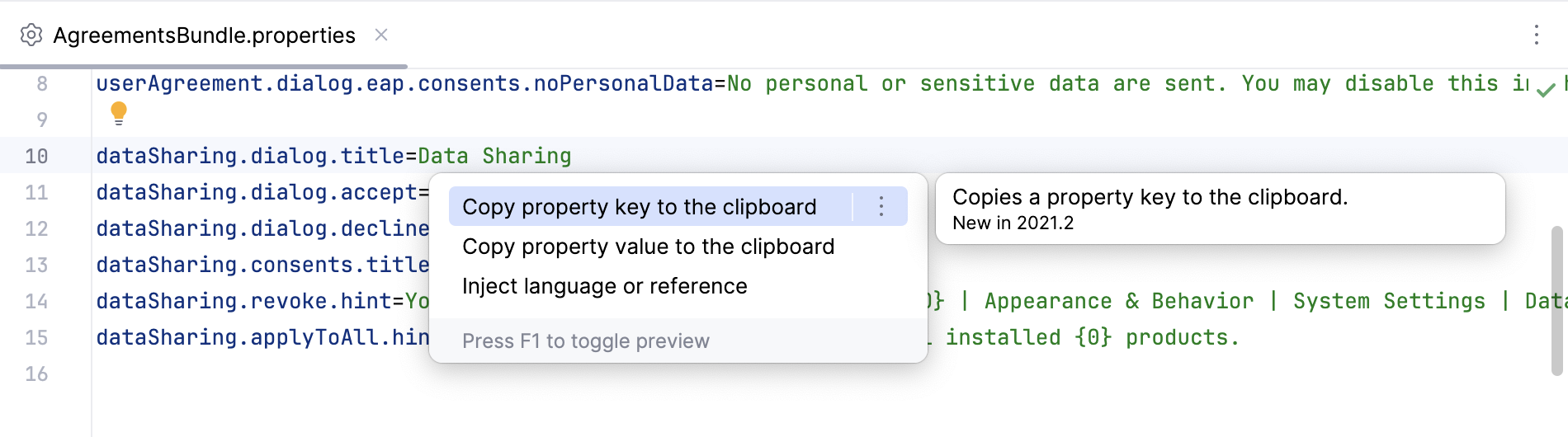 Context actions to copy the key and value of a property