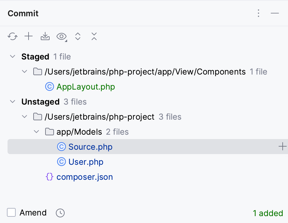 Stage from the Commit tool window