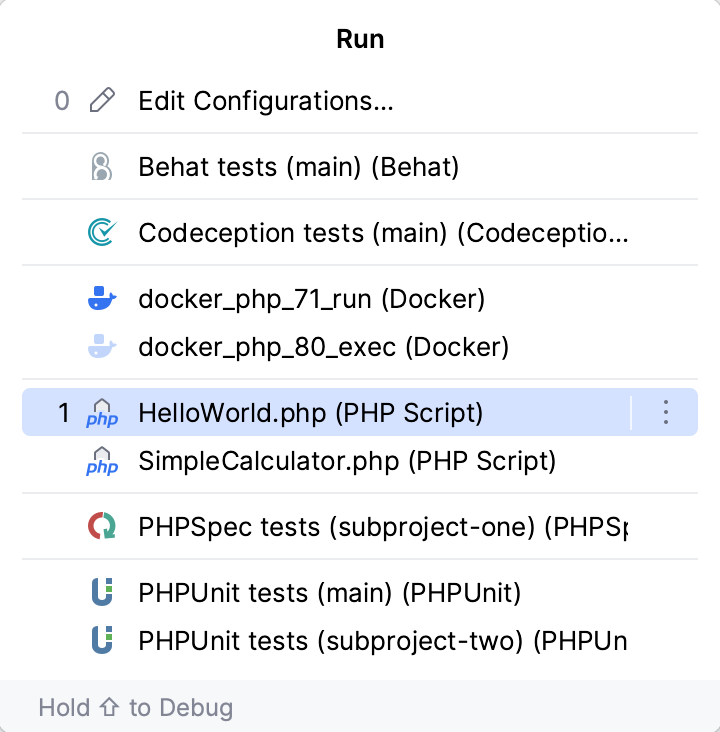 Run configuration popup selector