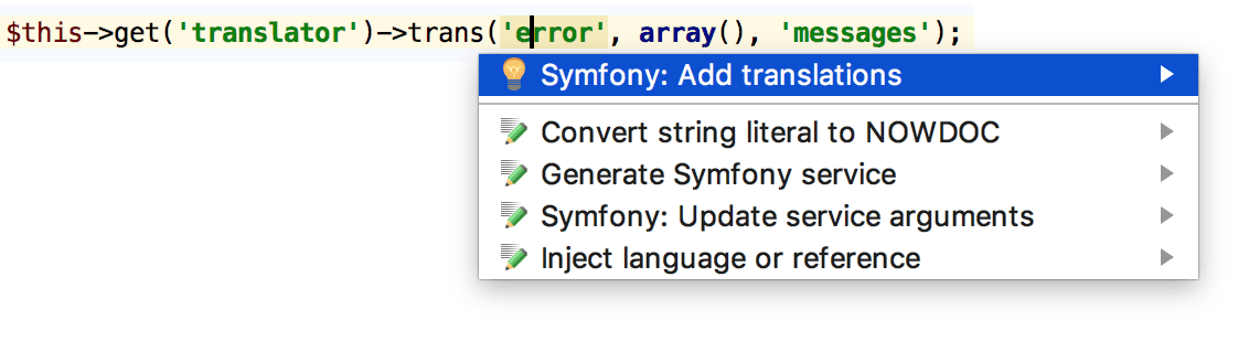 Add Symfony translation via the quickfix