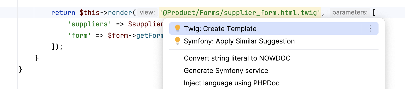 Creating a Symfony template via intention action