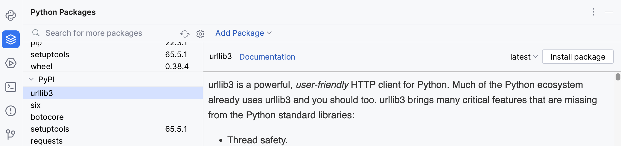 Python Package tool window