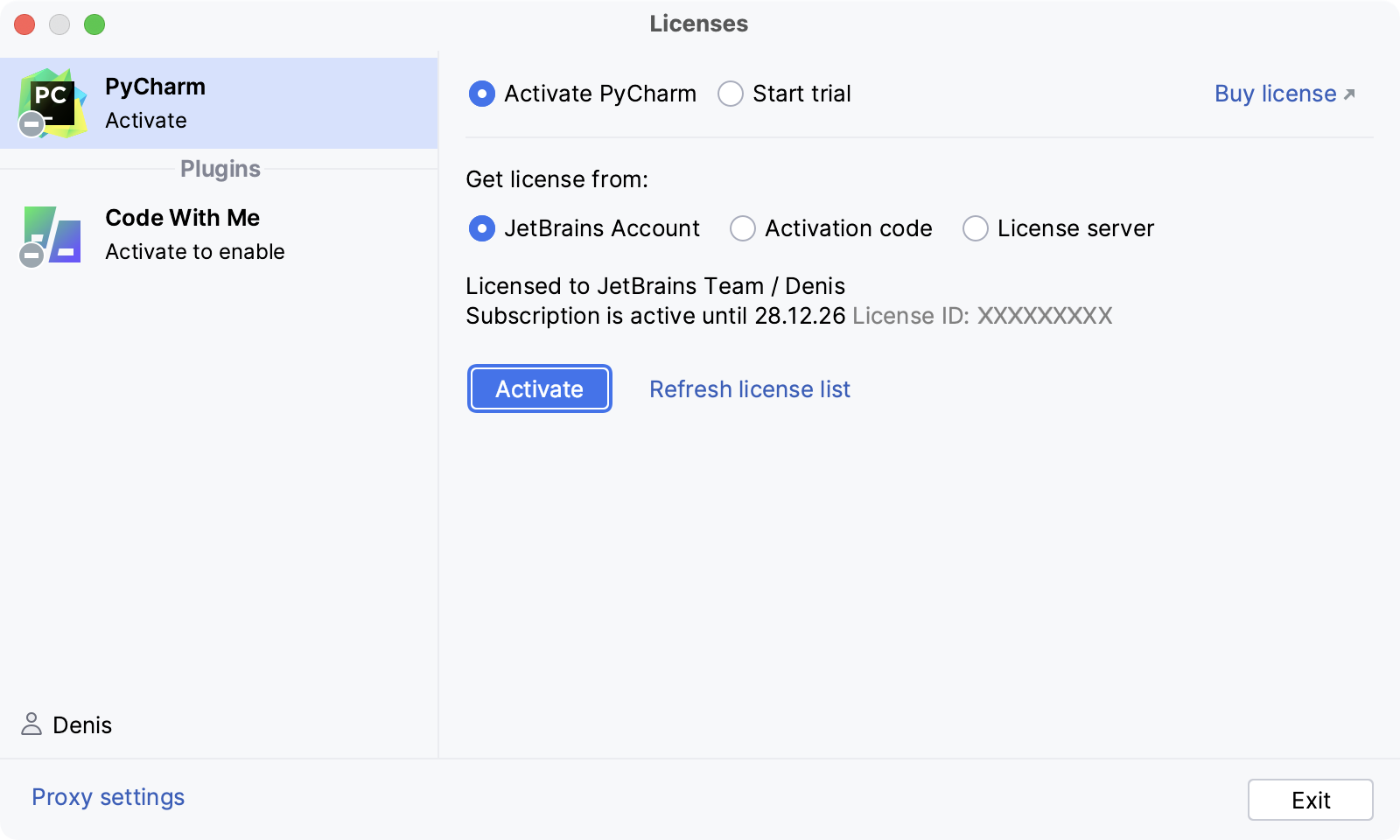 Activate PyCharm license with a JetBrains Account
