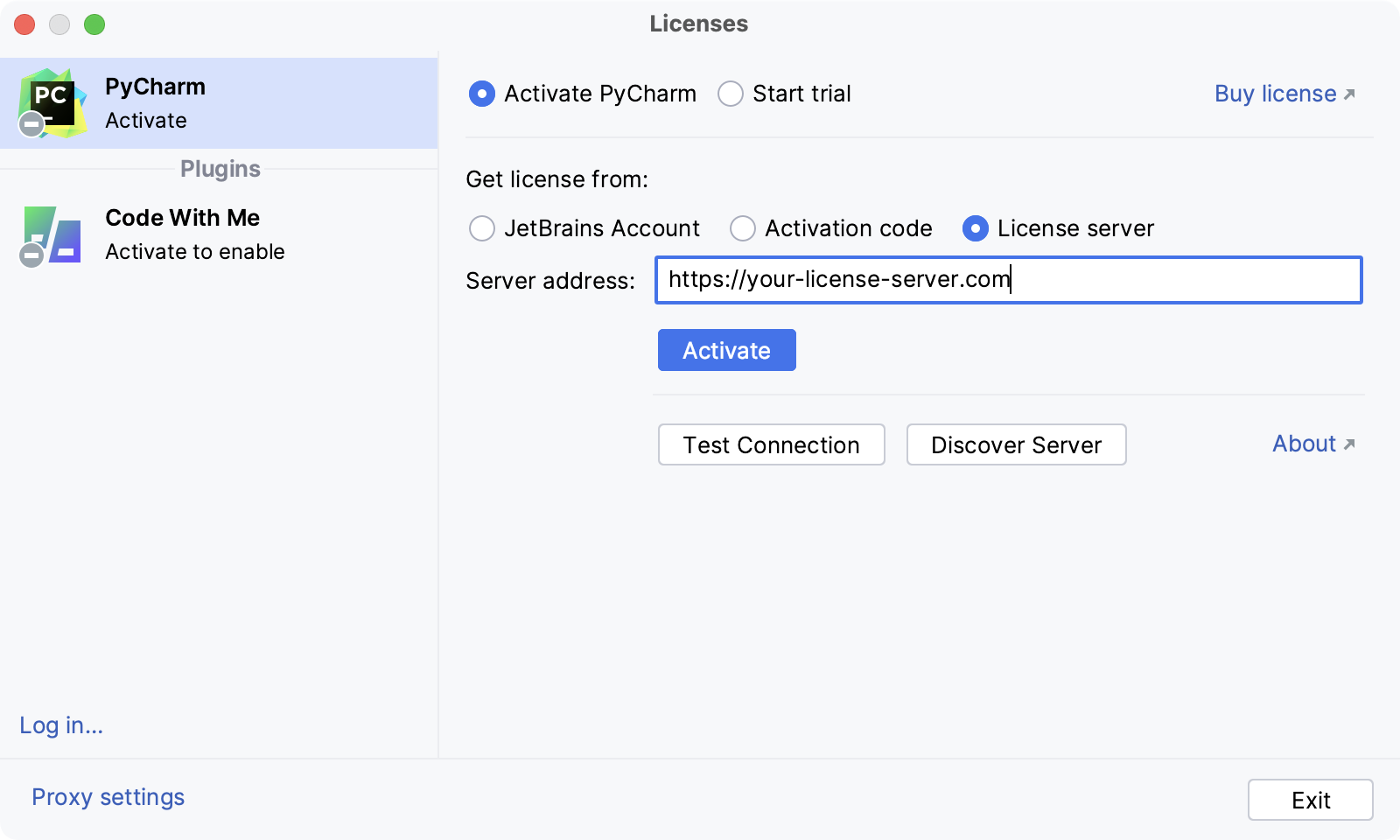 Activate PyCharm license with a license server
