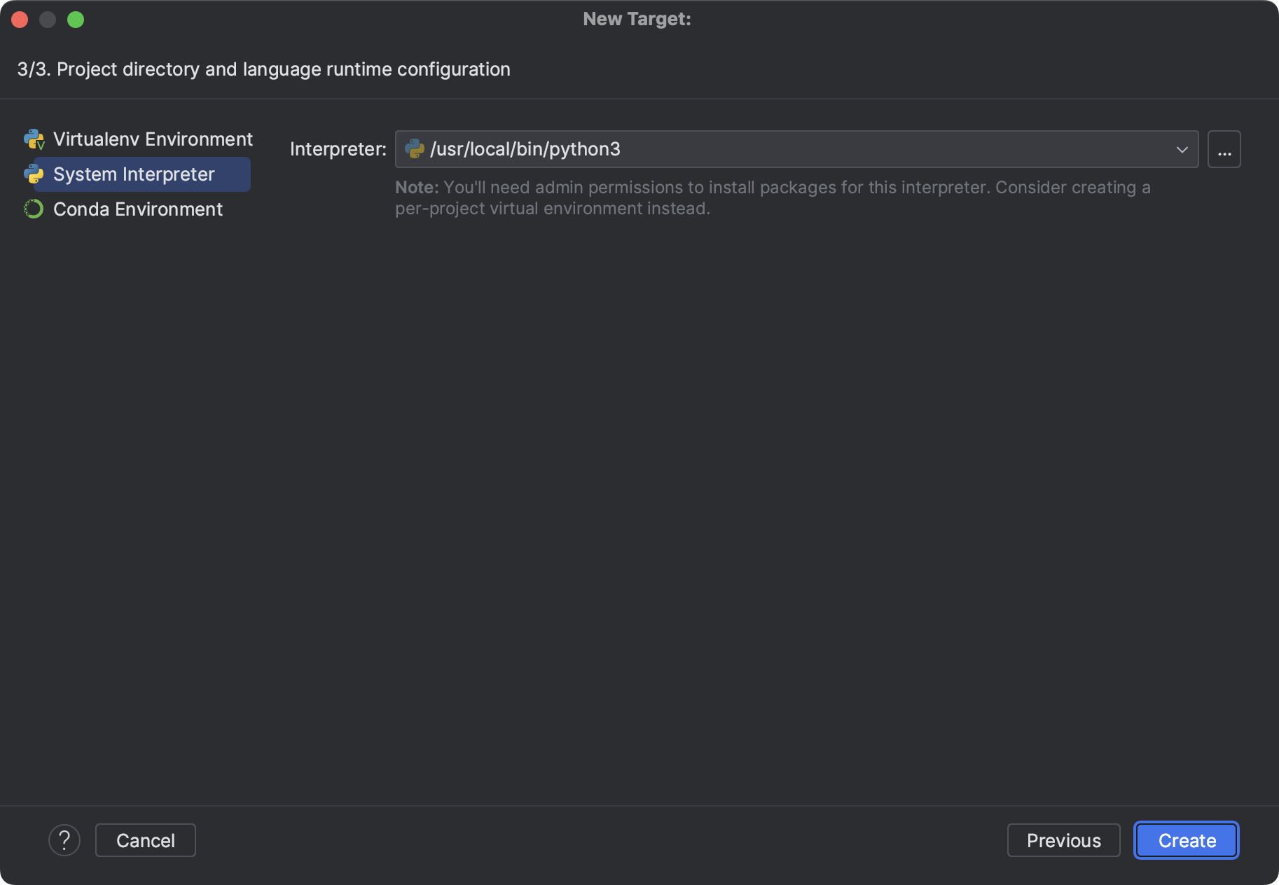 Selecting a system interpreter for a Docker target