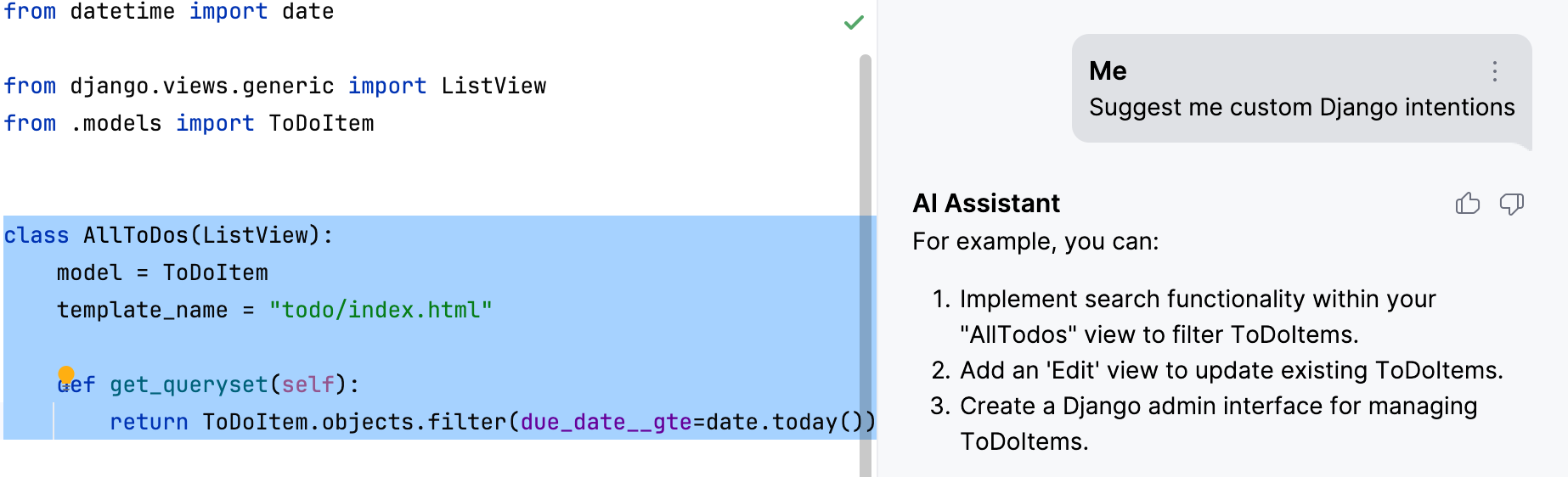 AI Assistant suggests Django intentions