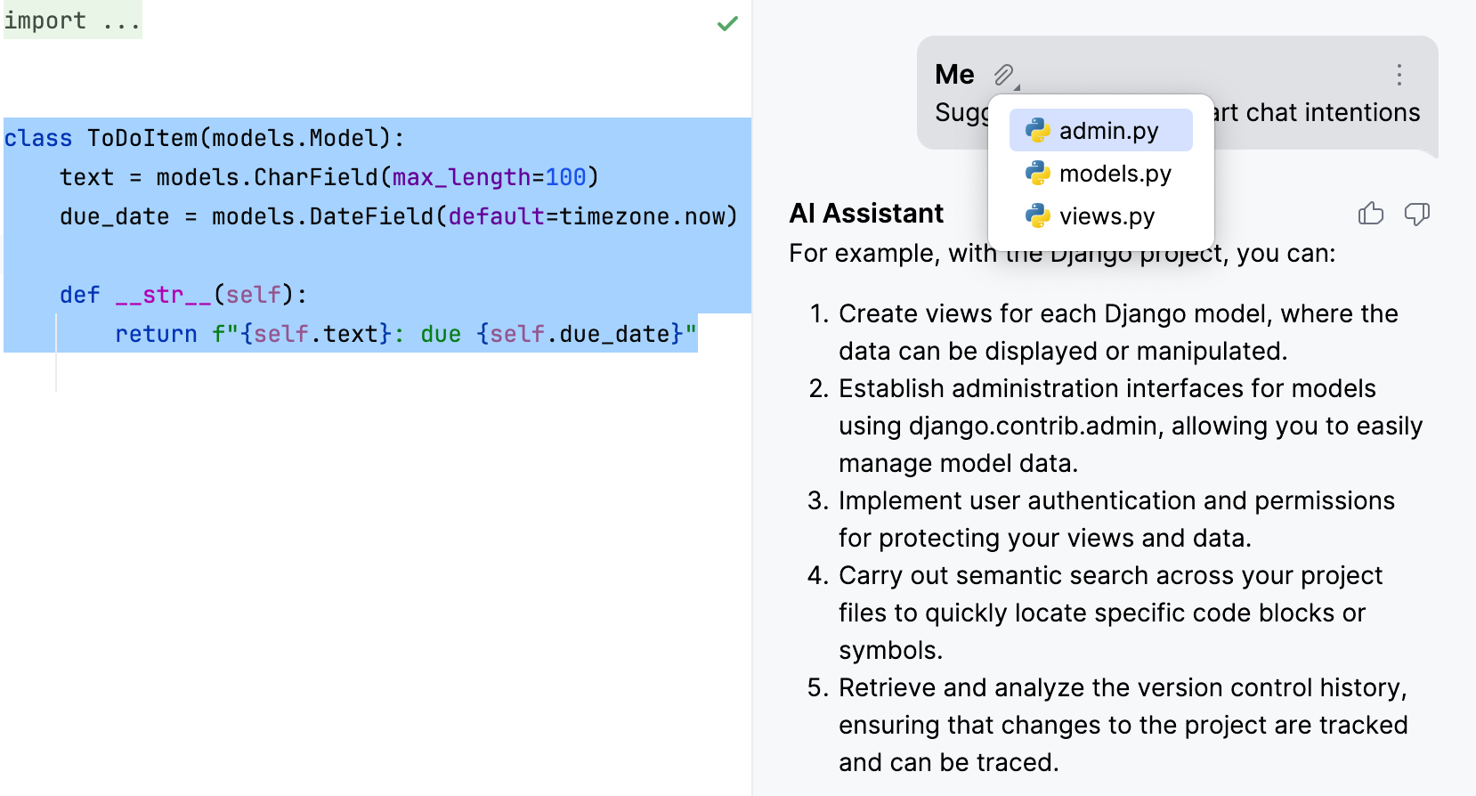 AI Assistant suggests Django intentions with context