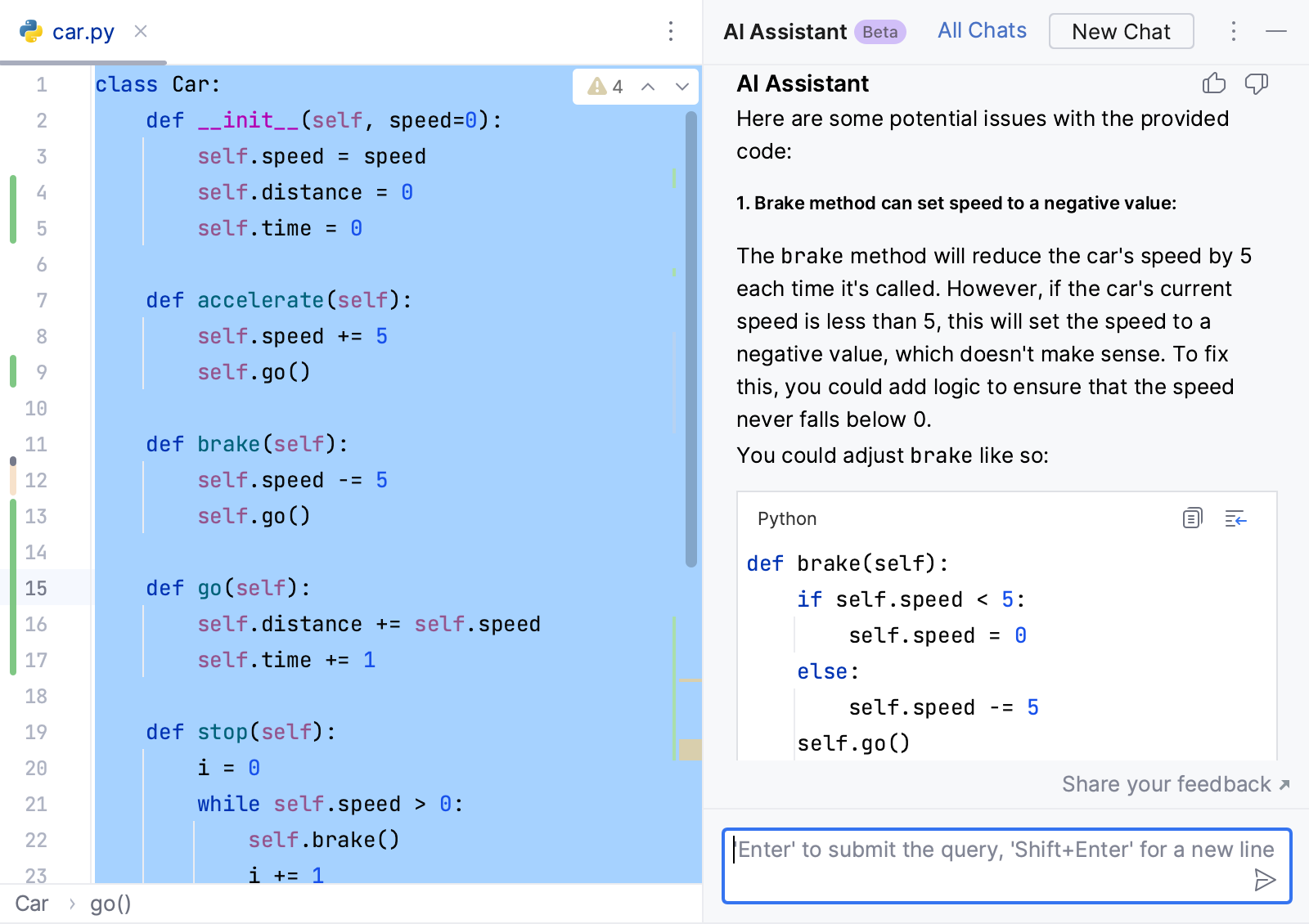 PyCharm：AI 助手发现所选代码中的潜在问题