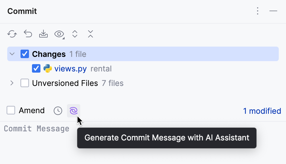 DataSpell: AI Assistant generates commit messages