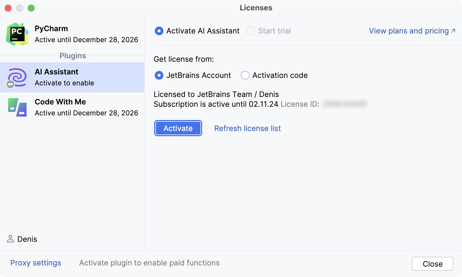 Licenses dialog with AI Assistant activation option