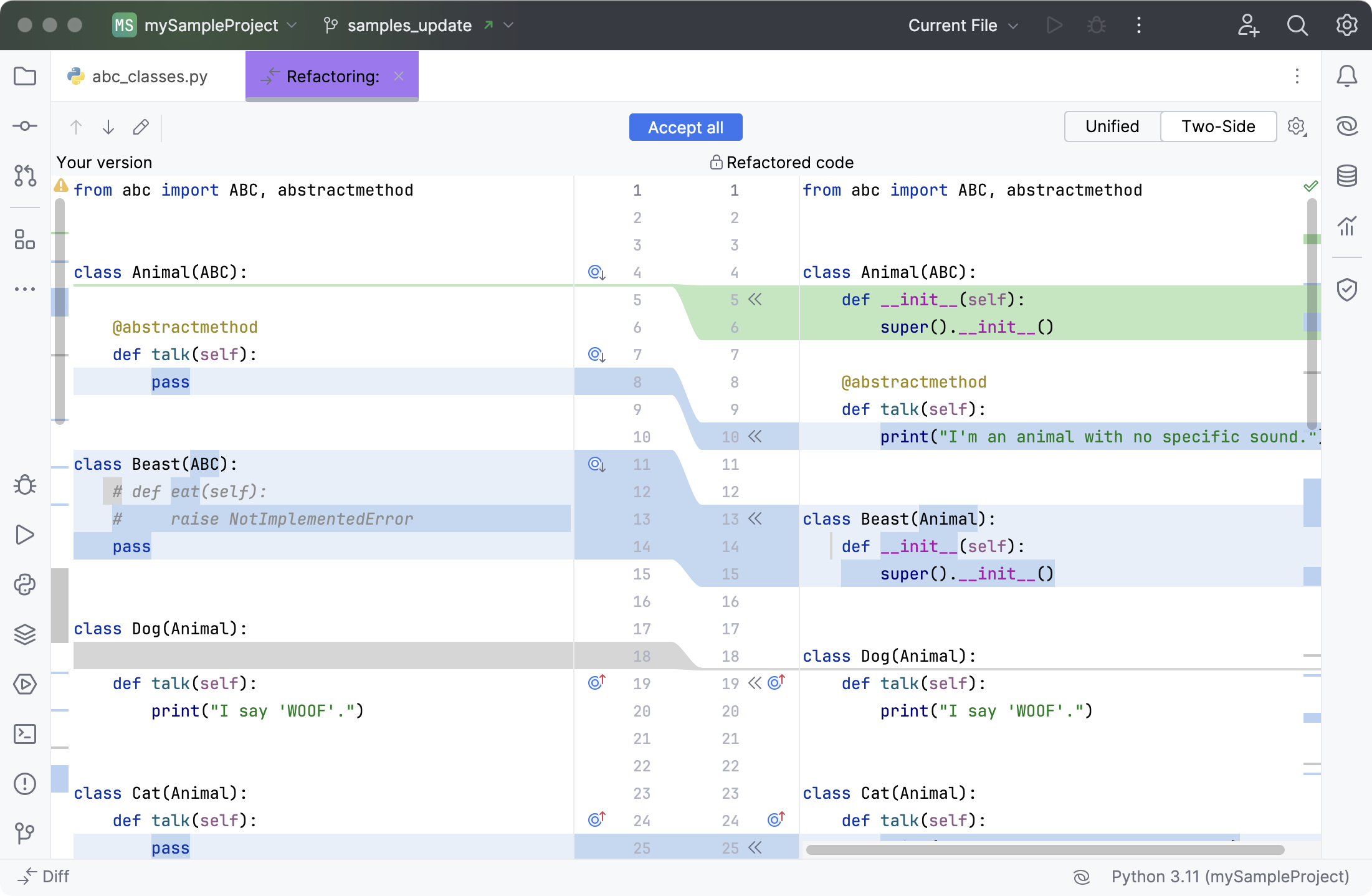 Diff tab with refactored code