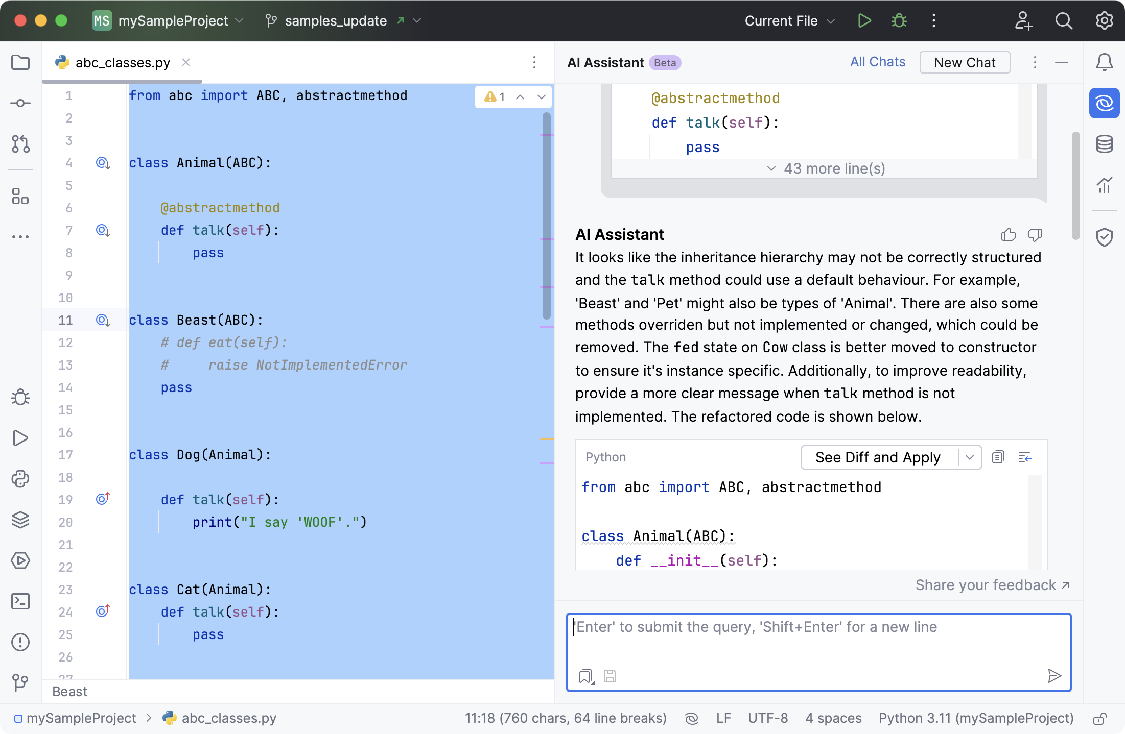 PyCharm：AI 助手建议重构