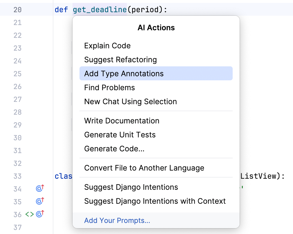 Adding Python type annotations via AI Assistant