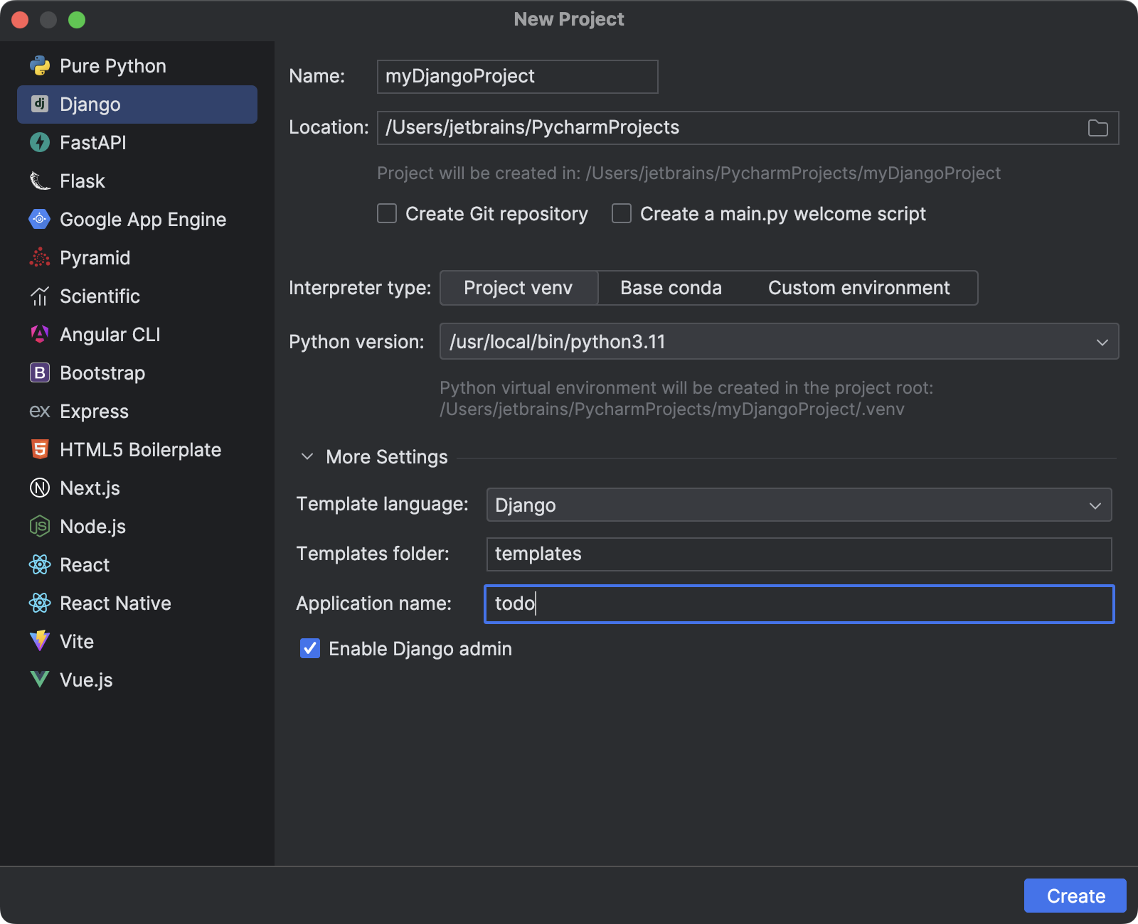 how to create a new django project in pycharm