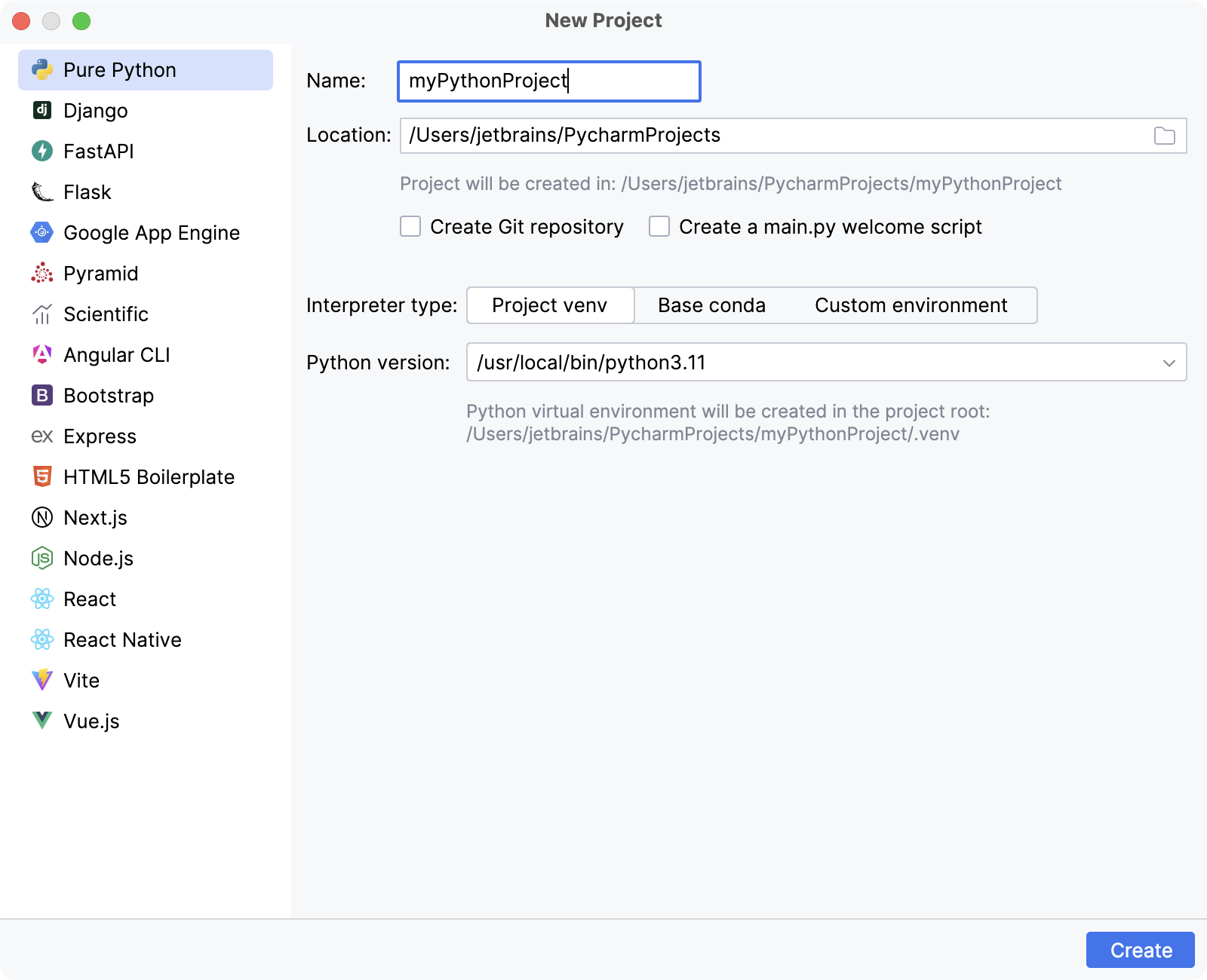 Creating a new project in PyCharm Professional