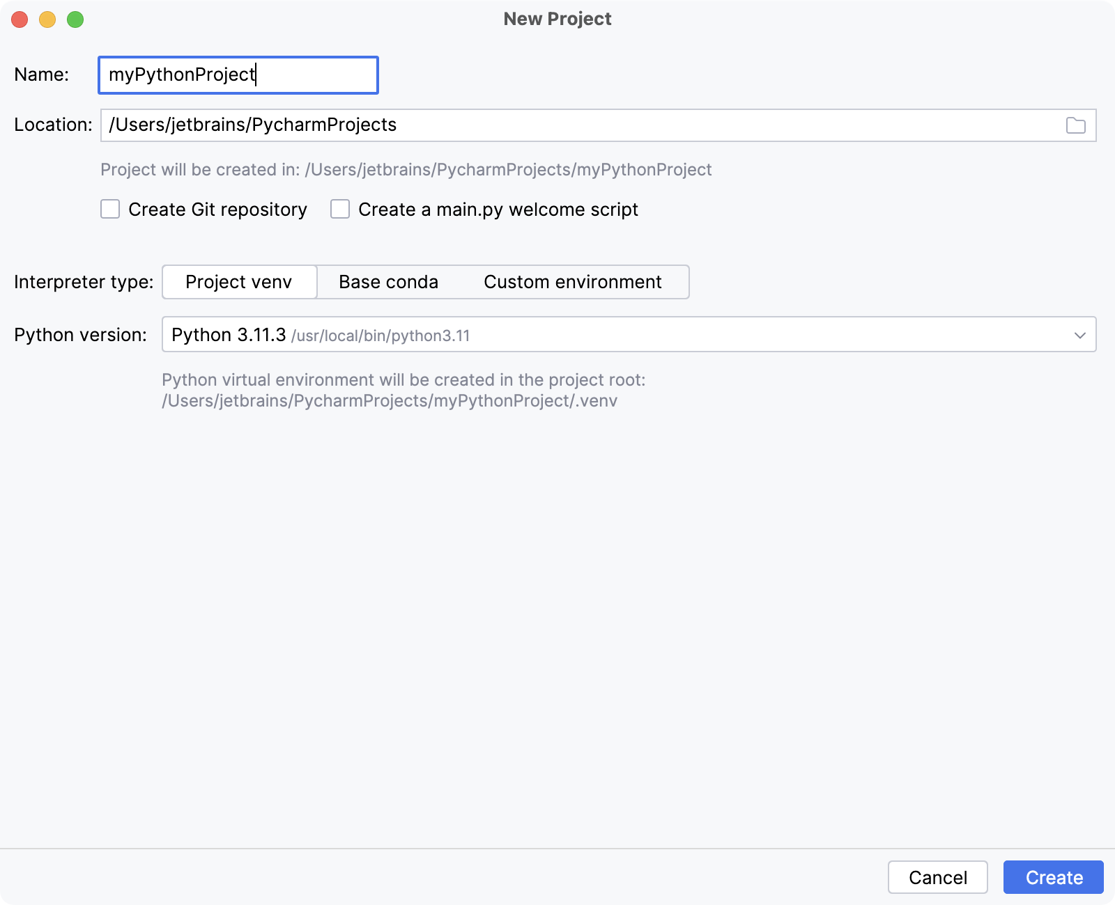 在 PyCharm 社区中创建新项目