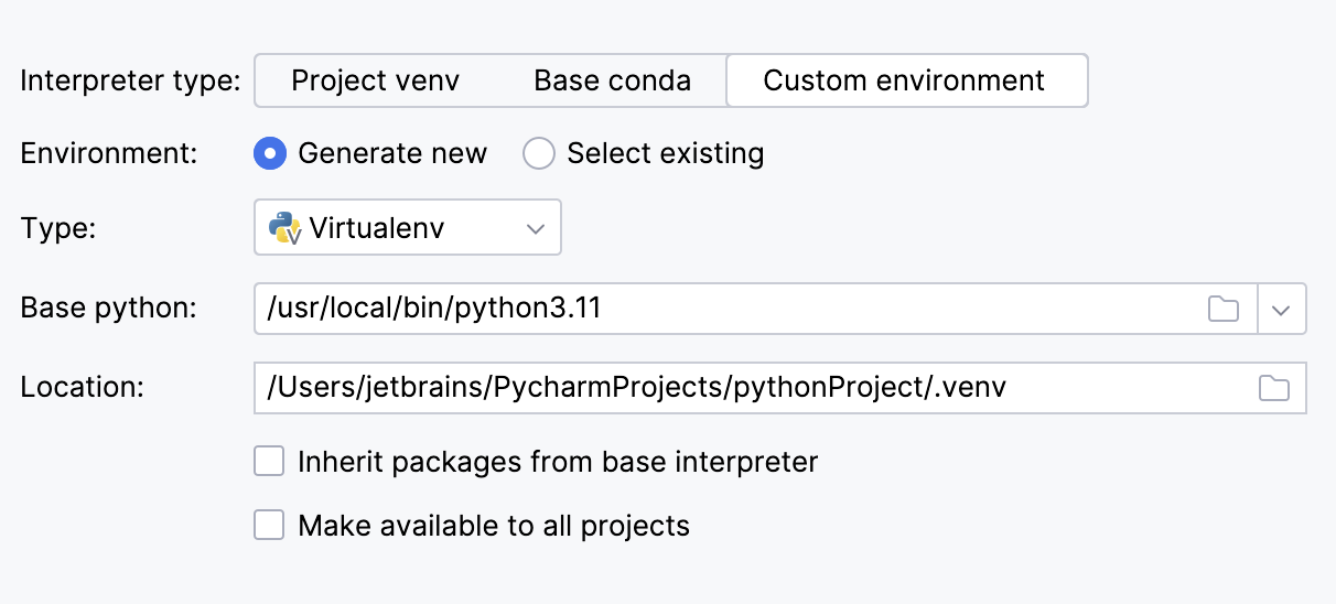 新 Python 项目的自定义环境选项
