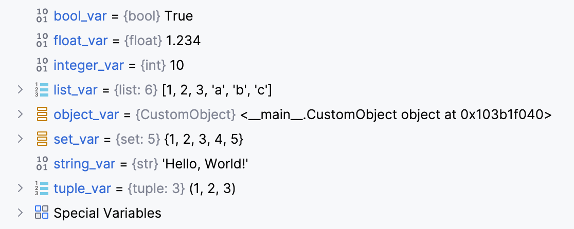 Different types of variables in the Debug tool window