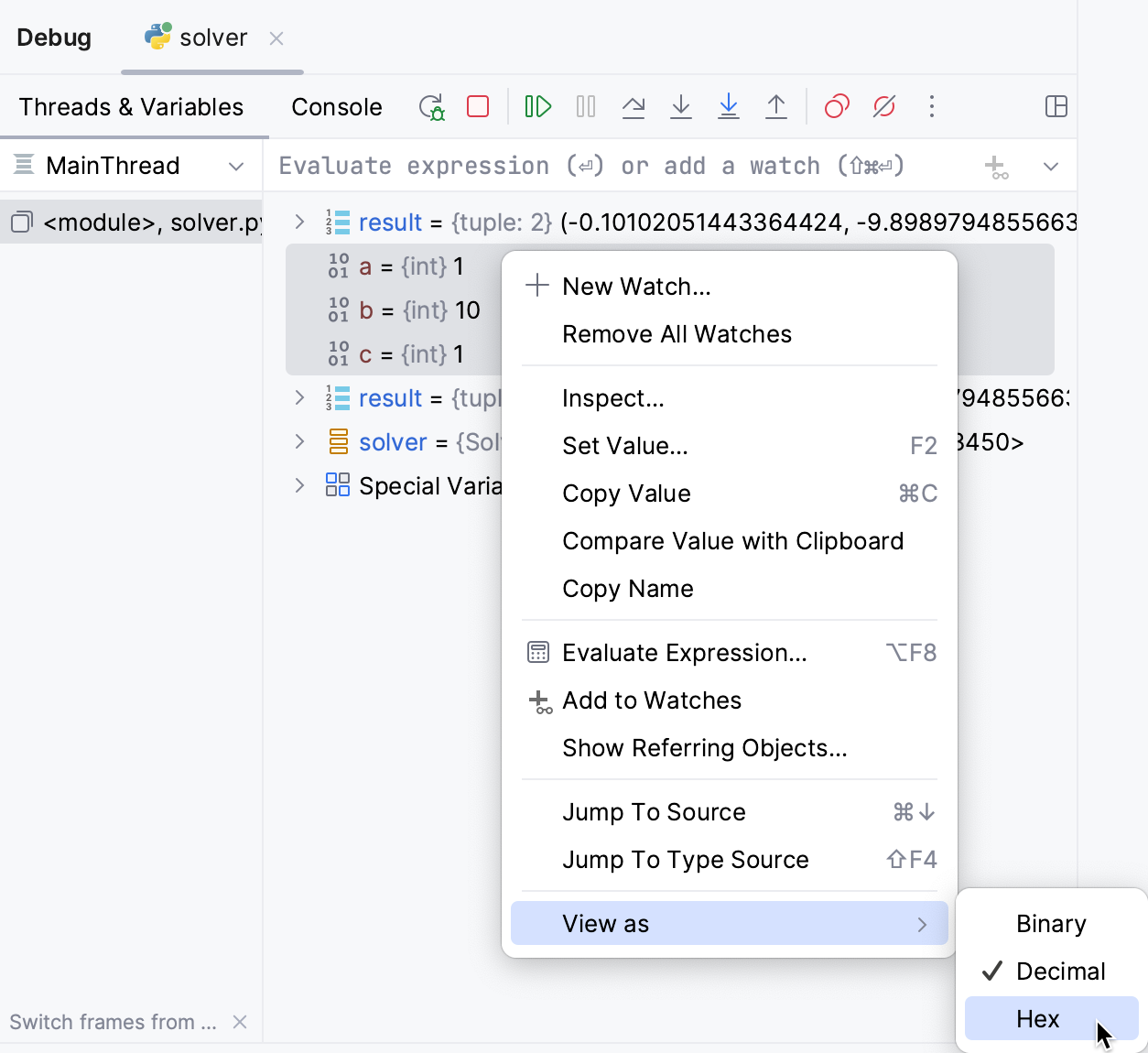 Content menu to preview decimal values in the hexadecimal format