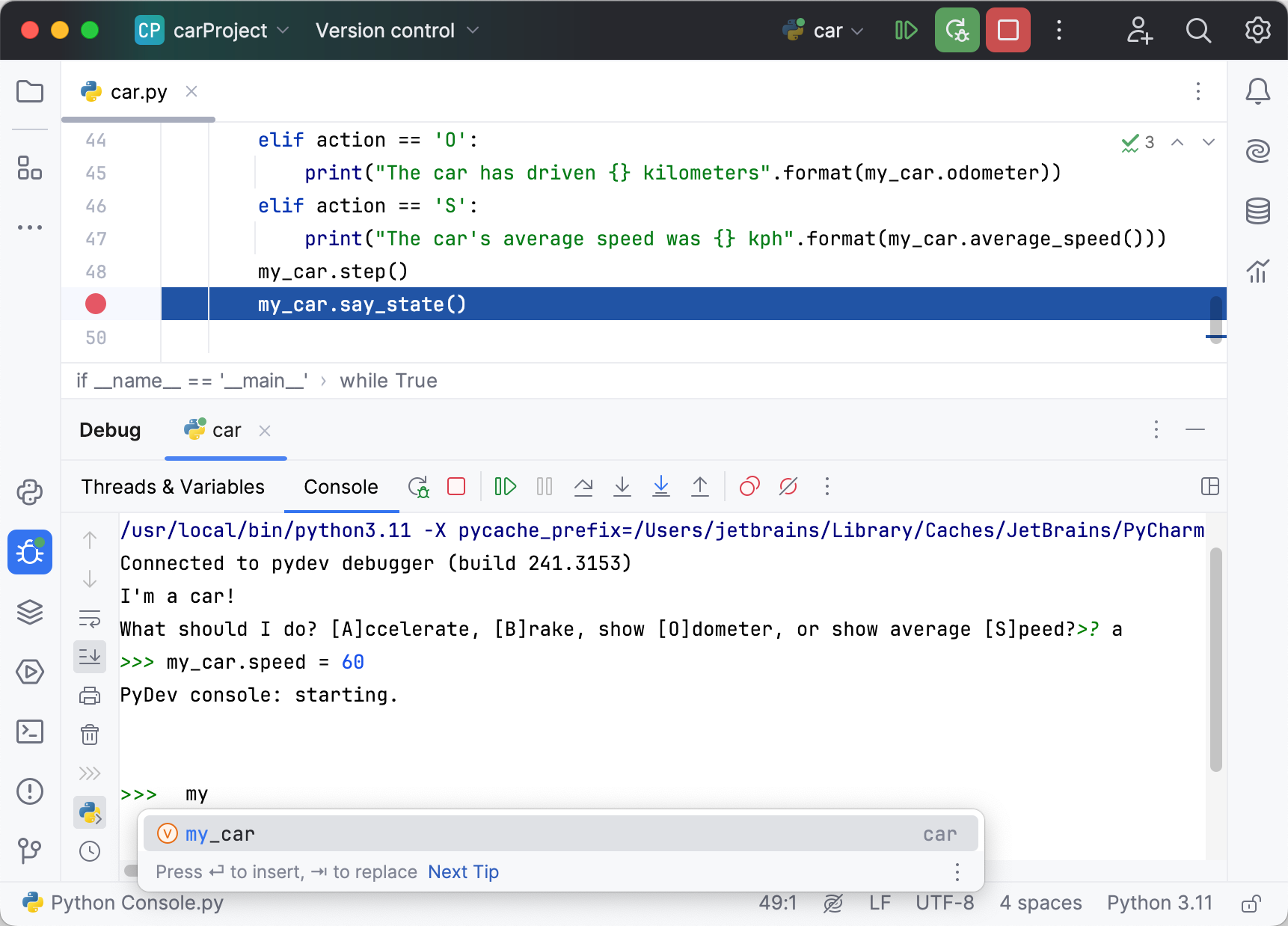 changing variables during debugging in the Python console