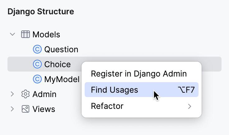 在 Django Structure 工具窗口中查找模型的用法