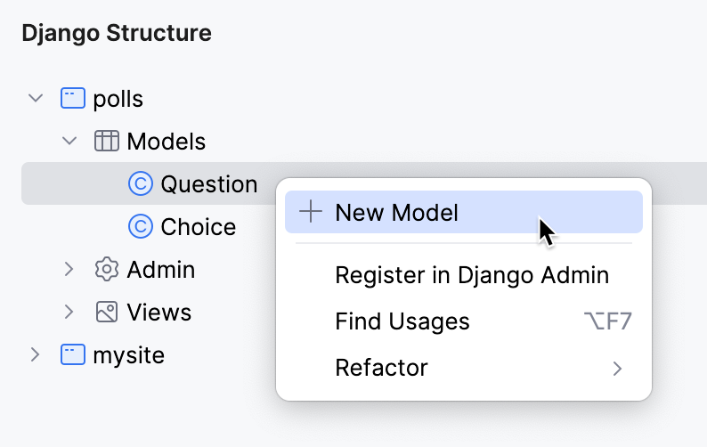 在 Django Structure 工具窗口中创建新模型